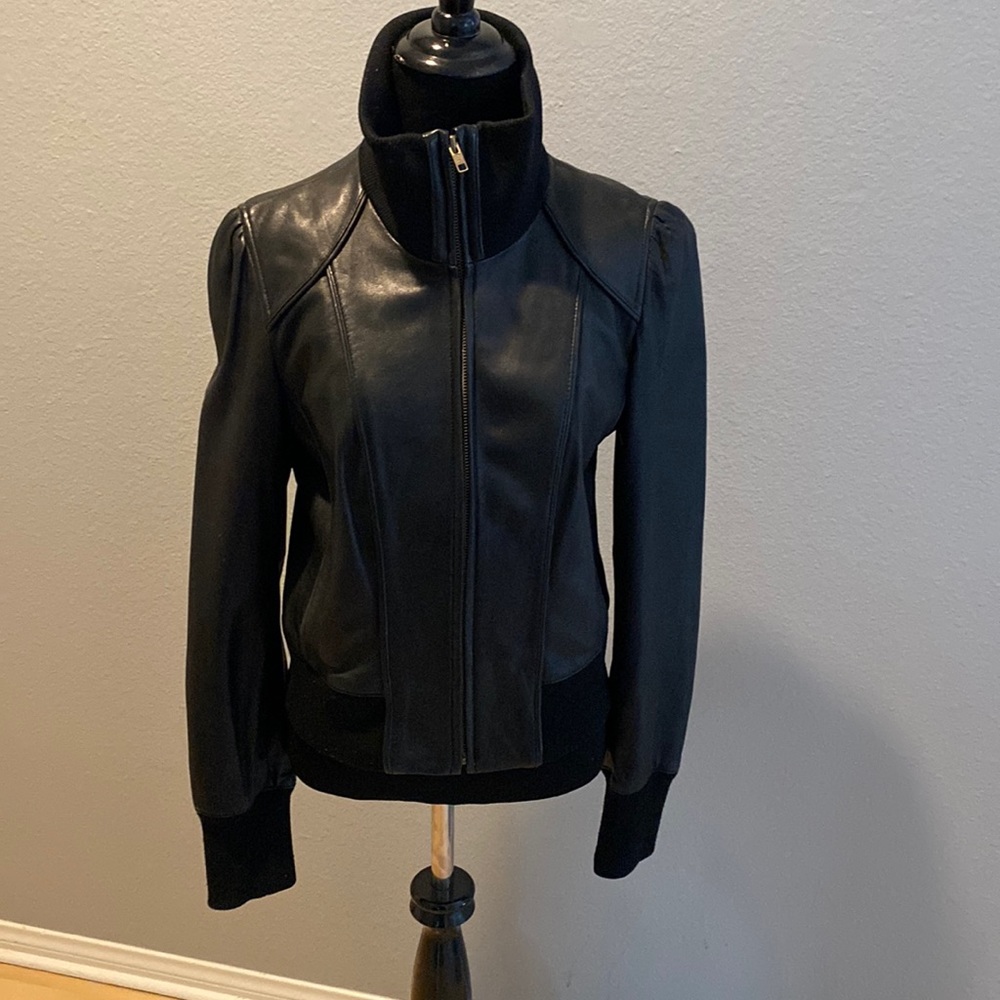 Halogen leather jacket with knit trim